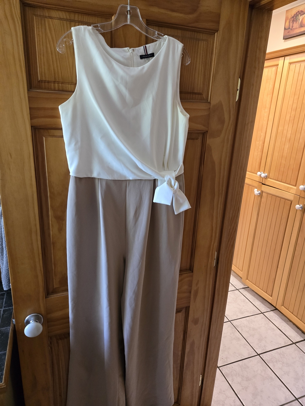 Tommy Hilfiger Two-Tone Sleeveless Jumpsuit in White & Taupe